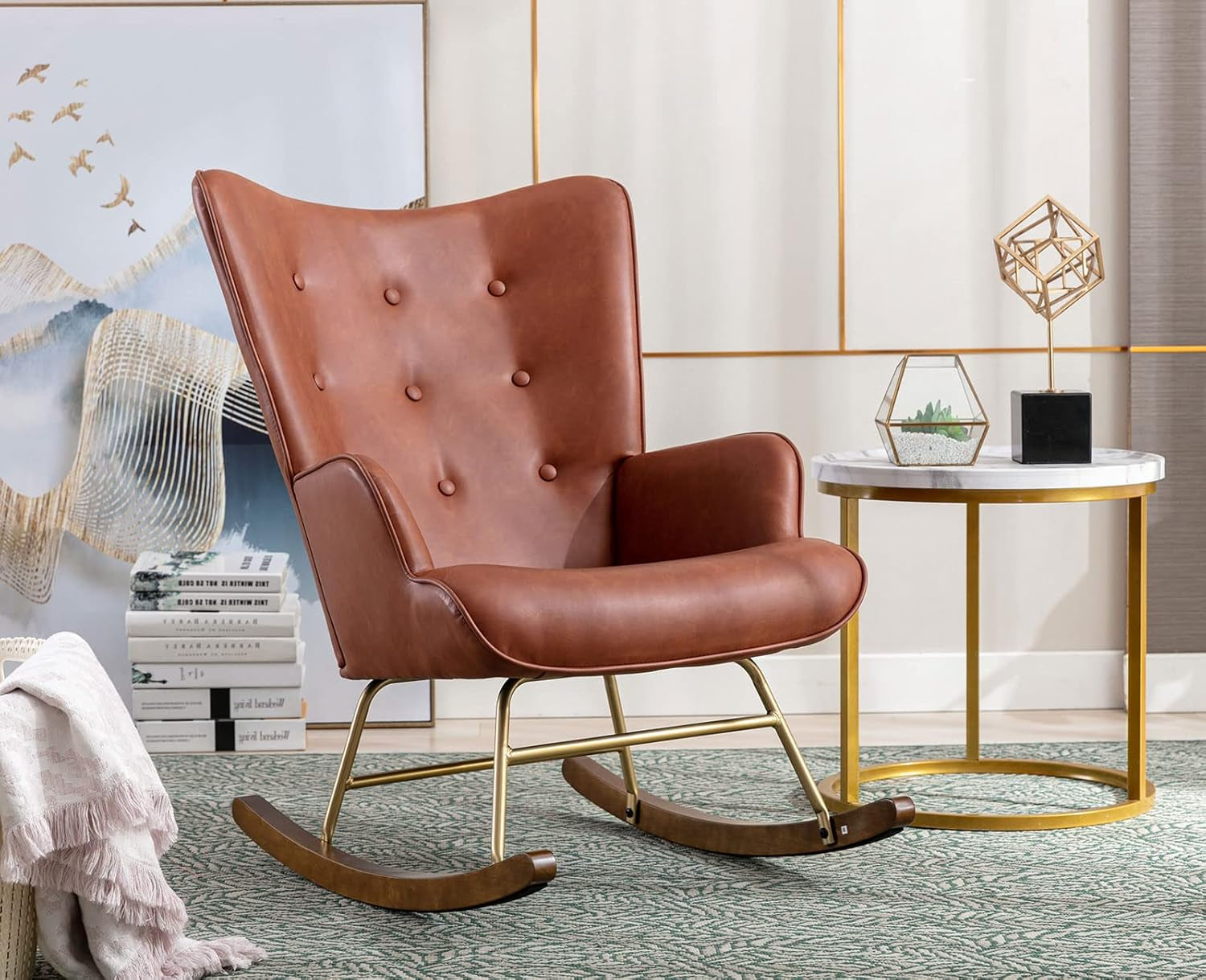 Pu Leather Nursery Rocking Armchair, Modern Reading Accent Chair for Living Room, Bedroom, Office, Small Spaces, Brown