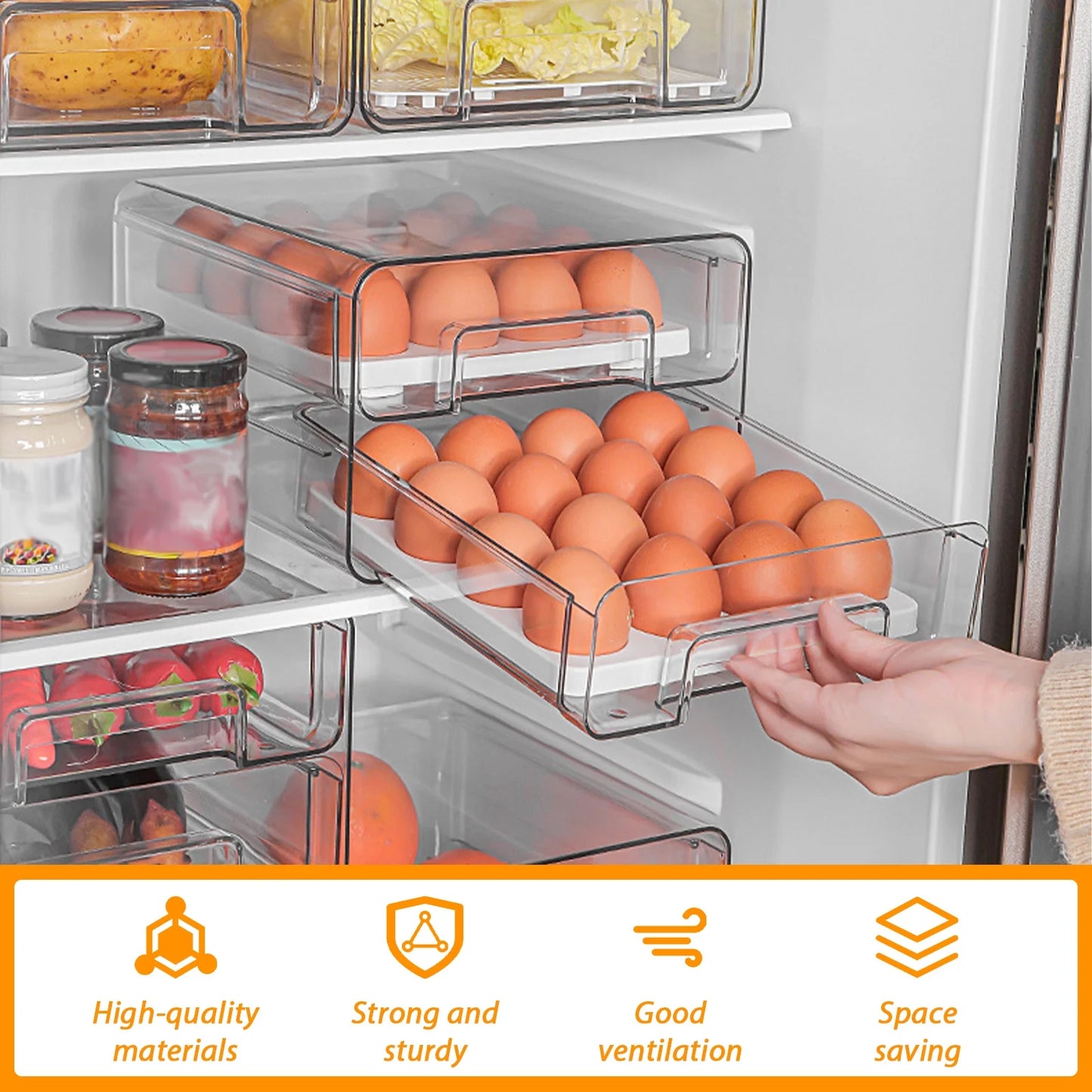 Refrigerator Organizer,Fridge Drawers with Lids Stackable Pull Out Fridge Storage Containers Double Layer Clear Plastic Refrigerator Organizer Bins with Drain Tray（Only 2-Drawers）