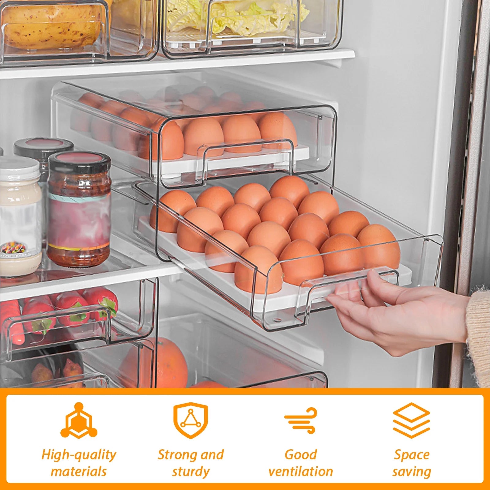 Refrigerator Organizer,Fridge Drawers with Lids Stackable Pull Out Fridge Storage Containers Double Layer Clear Plastic Refrigerator Organizer Bins with Drain Tray（Only 2-Drawers）