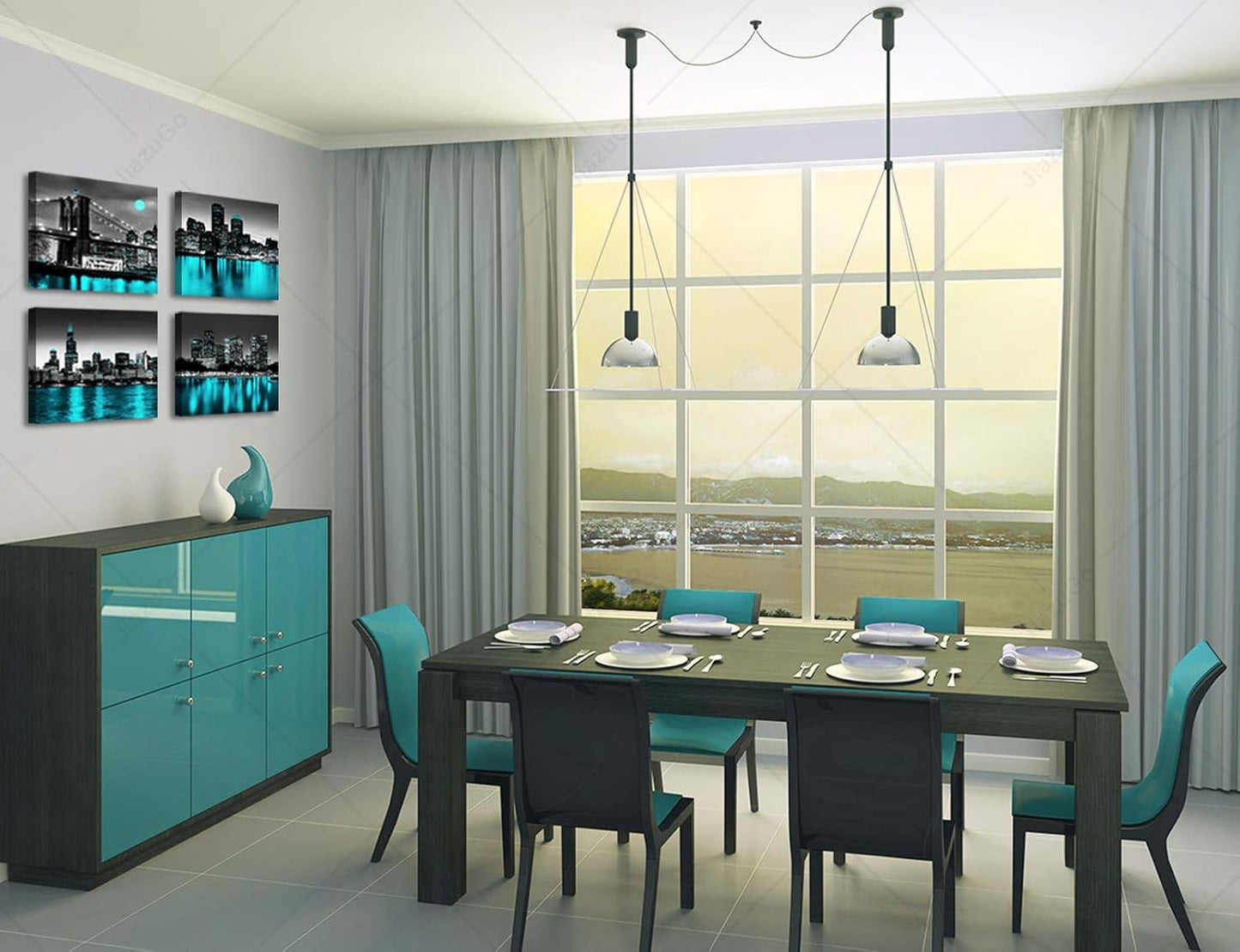 Wall Decorations Chicago Boston Los Angeles Brooklyn Bridge Skyline Canvas Art Black White USA New York City Pictures Teal Turquoise Lake Water Building Cityscape Home Living Room Office