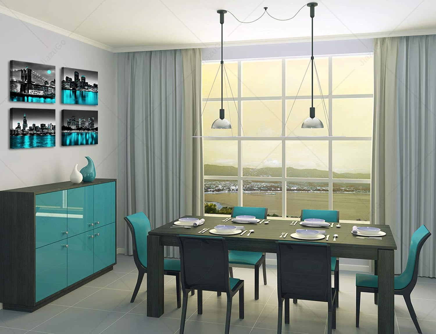 Wall Decorations Chicago Boston Los Angeles Brooklyn Bridge Skyline Canvas Art Black White USA New York City Pictures Teal Turquoise Lake Water Building Cityscape Home Living Room Office