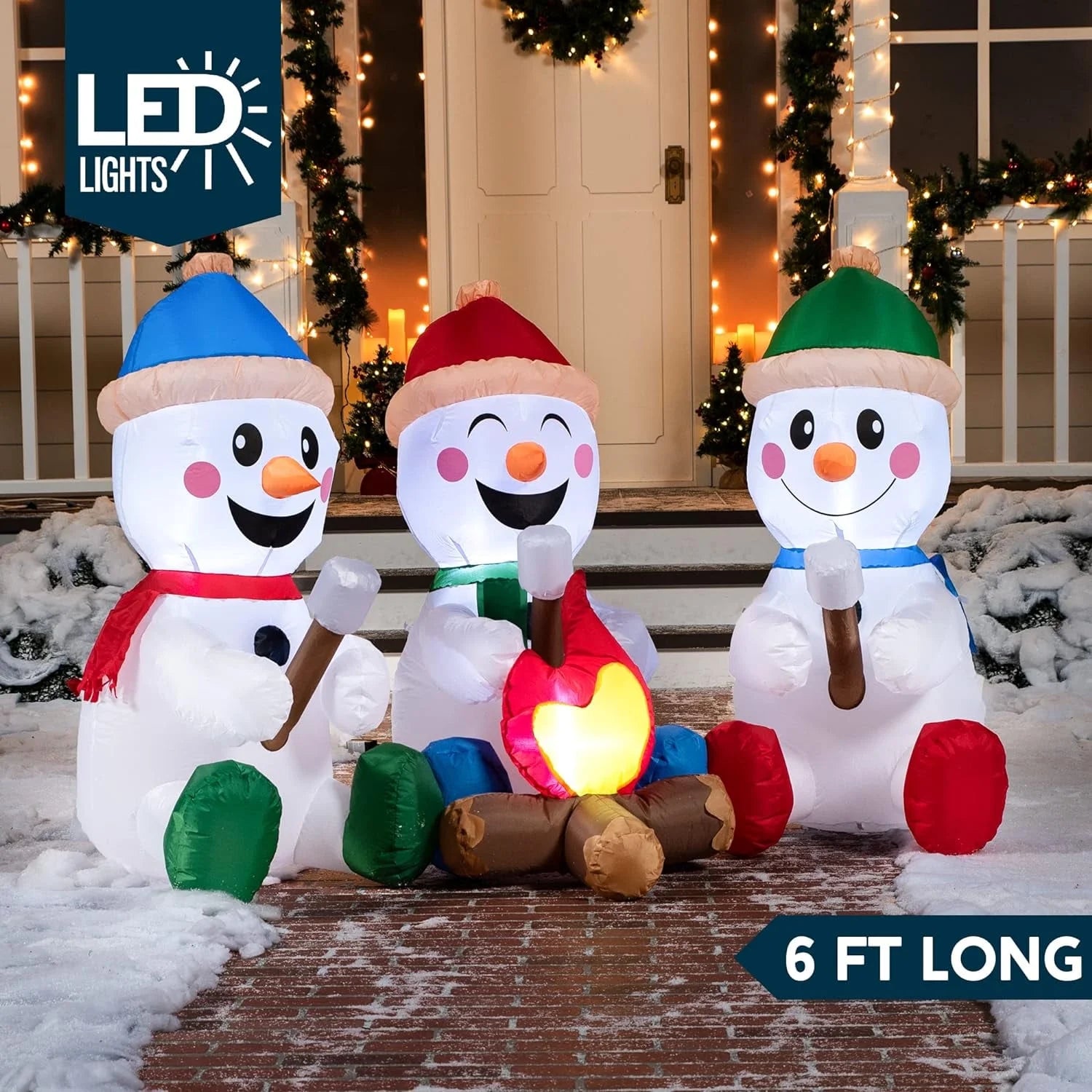 6 FT Christmas Inflatables Snowman Outdoor Decorations,Long Snowman with Campfire Christmas Blow Ups Yard with Built-In Leds for Holiday Party Garden Lawn Decor