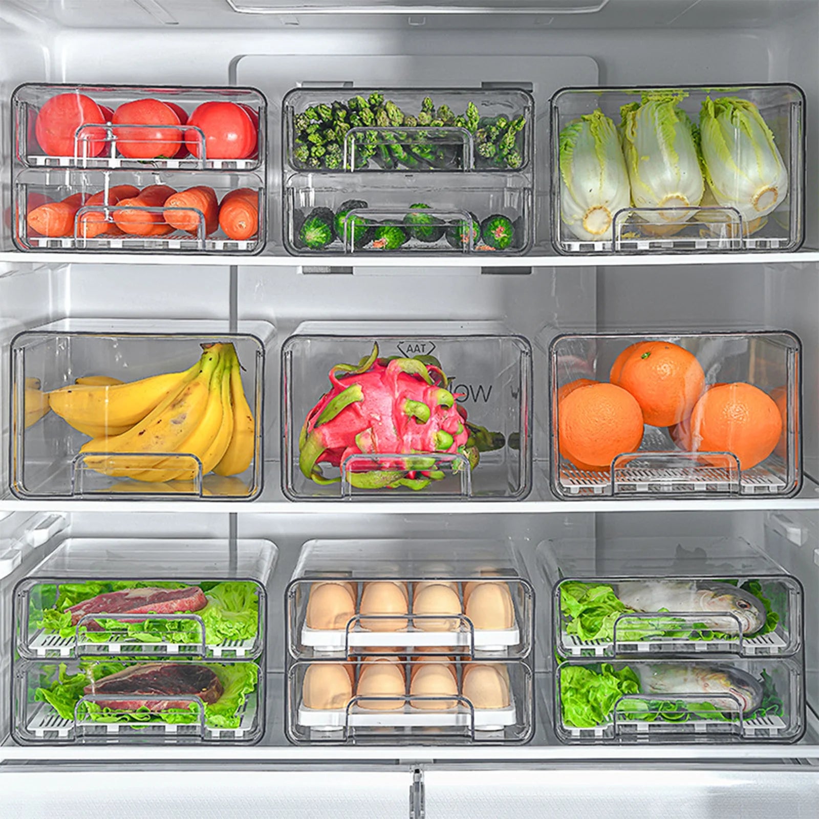 Refrigerator Organizer,Fridge Drawers with Lids Stackable Pull Out Fridge Storage Containers Double Layer Clear Plastic Refrigerator Organizer Bins with Drain Tray（Only 2-Drawers）