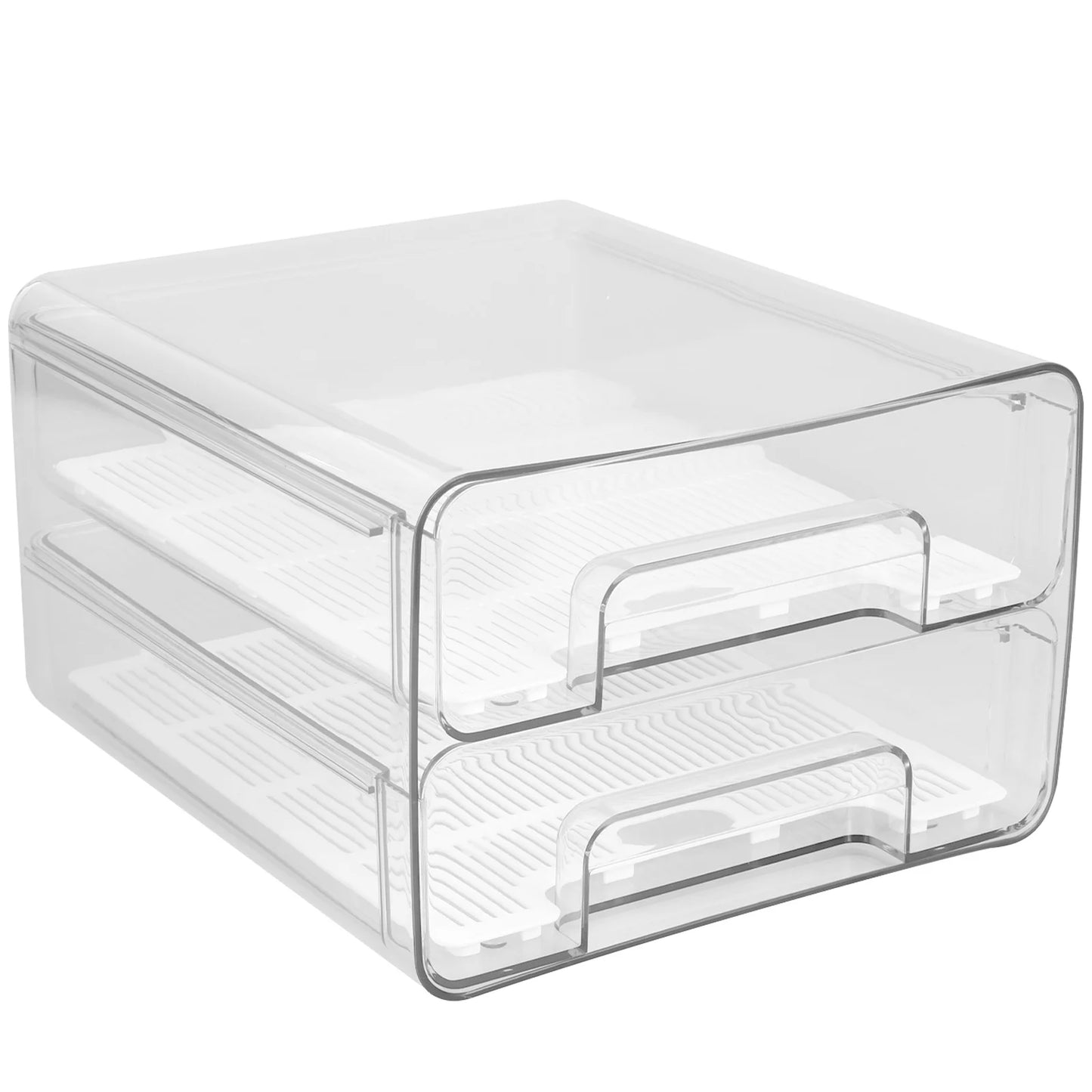 Refrigerator Organizer,Fridge Drawers with Lids Stackable Pull Out Fridge Storage Containers Double Layer Clear Plastic Refrigerator Organizer Bins with Drain Tray（Only 2-Drawers）