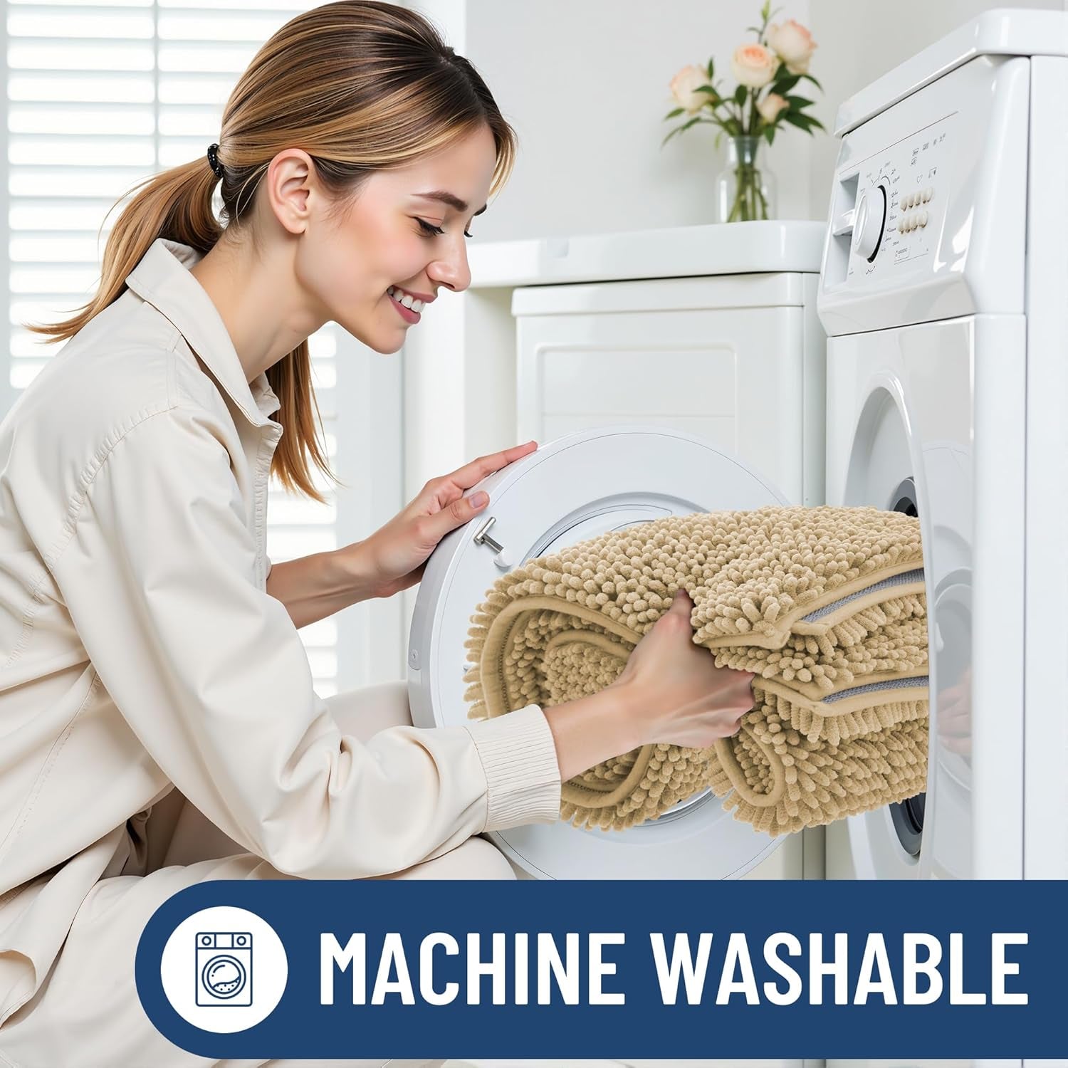 Luxury Chenille Bathroom Rugs 24X16, Extra Soft and Absorbent Shaggy Bath Mat, Machine Washable, Non-Slip Plush Carpet Runner for Tub, Shower, and Floor, Home Decor Accessories, Beige