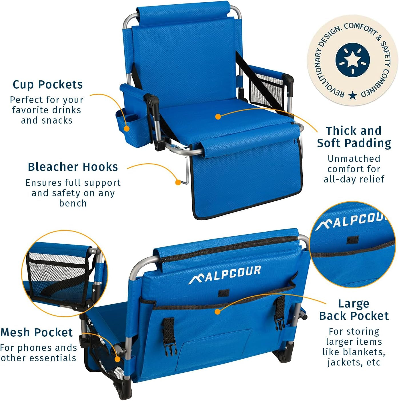 Bleacher Seat with Backrest – Premium Stadium Seating for Bleachers: Cushioned, Foldable & Padded Stadium Seat Chair with Arms & Pockets – Perfect for Football & Basketball Games