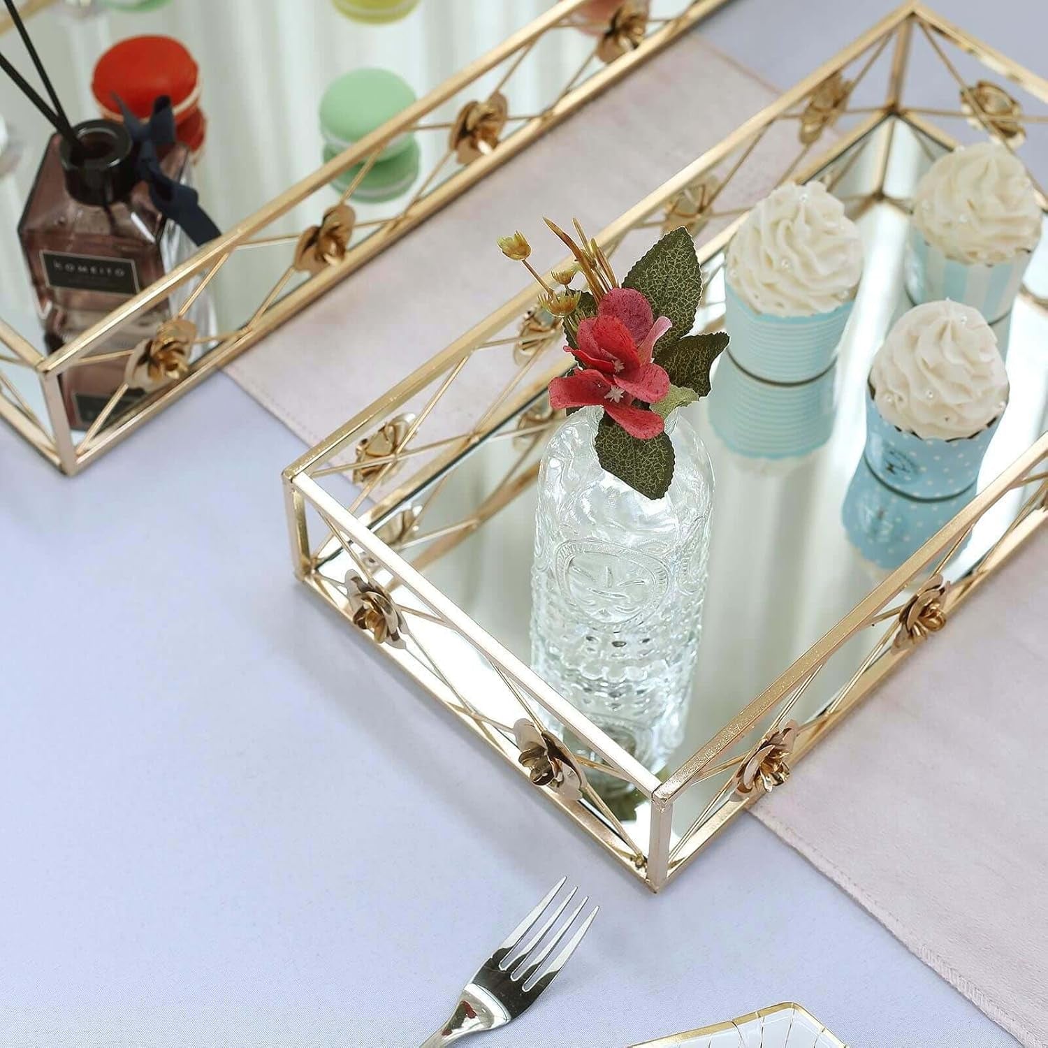 Set of 2 Gold Metal Decorative Serving Trays Floral Bordered Rectangle Mirror Trays - 19"X12" / 15"X8"