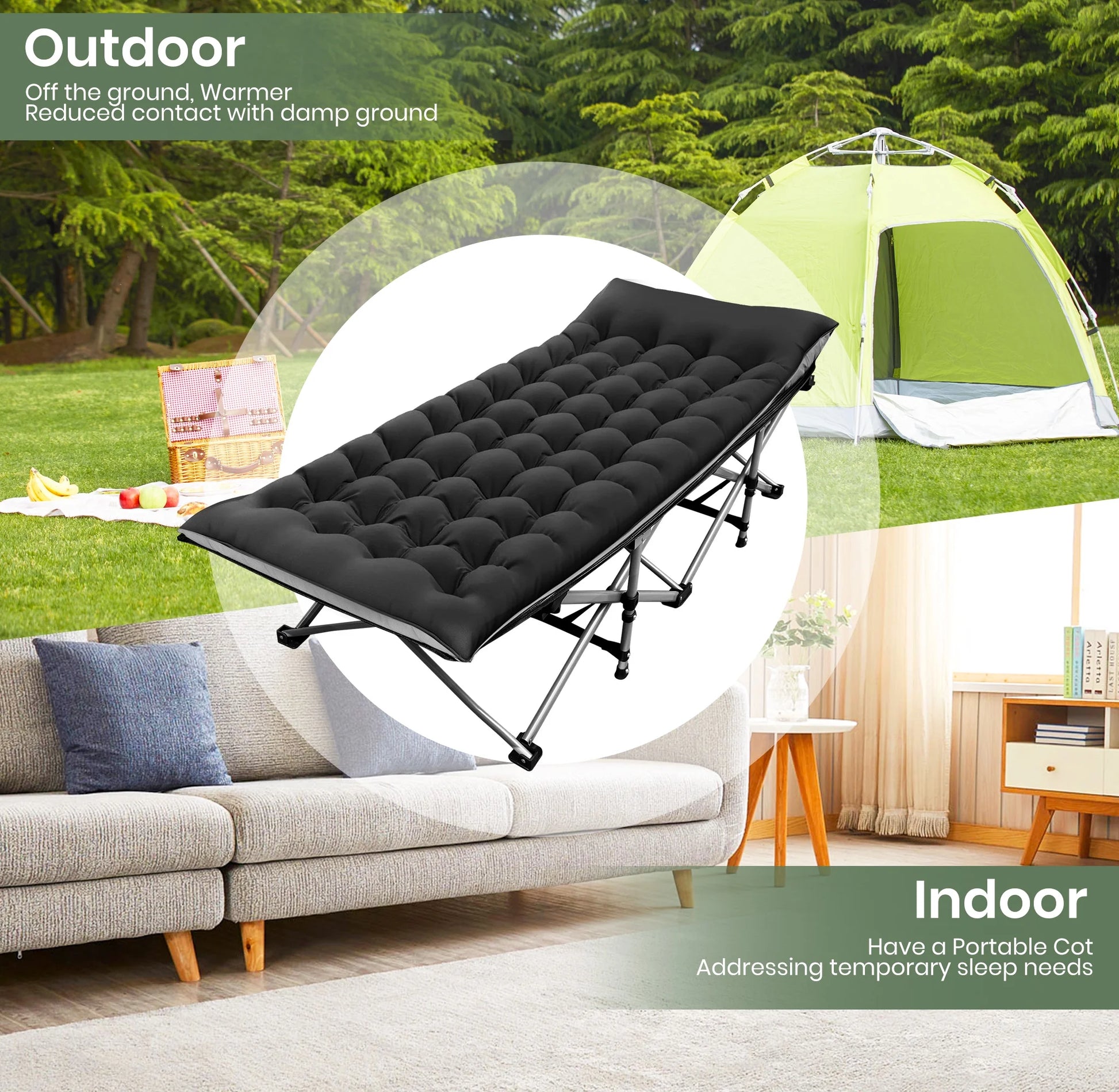 Folding Camping Cot with 2 Sided Comfort Mattress, 1200D Double Layer Oxford Folding Bed, Portable Sleeping Bed for Camp Office Nap Beach Travel