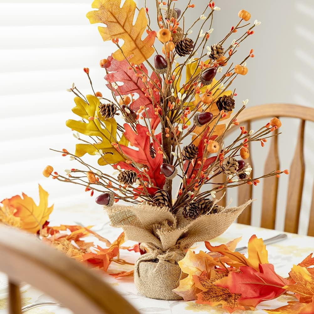 20" H Fall Harvest Pumpkins Table Tree with Burlap Base Decorative Berries Leaves Tree Table Centerpiece for Fall Harvest Thanksgiving Great Festival Home Decor