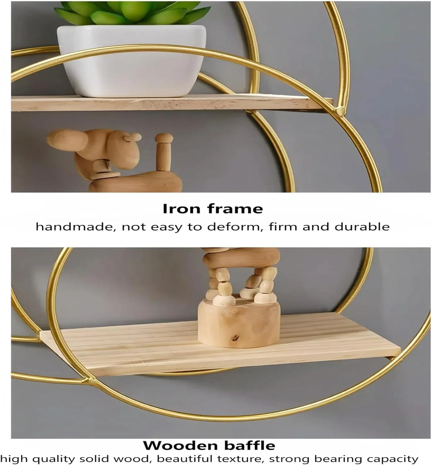 round Wall Shelf, Wall-Mounted Circular Shelf, Wood & Metal Wall Hanging Shelves Decor for Home Office, Circular Floating Shelves (Moon-Gold)