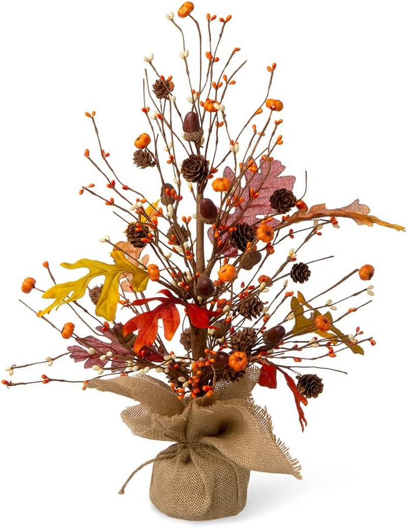 20" H Fall Harvest Pumpkins Table Tree with Burlap Base Decorative Berries Leaves Tree Table Centerpiece for Fall Harvest Thanksgiving Great Festival Home Decor