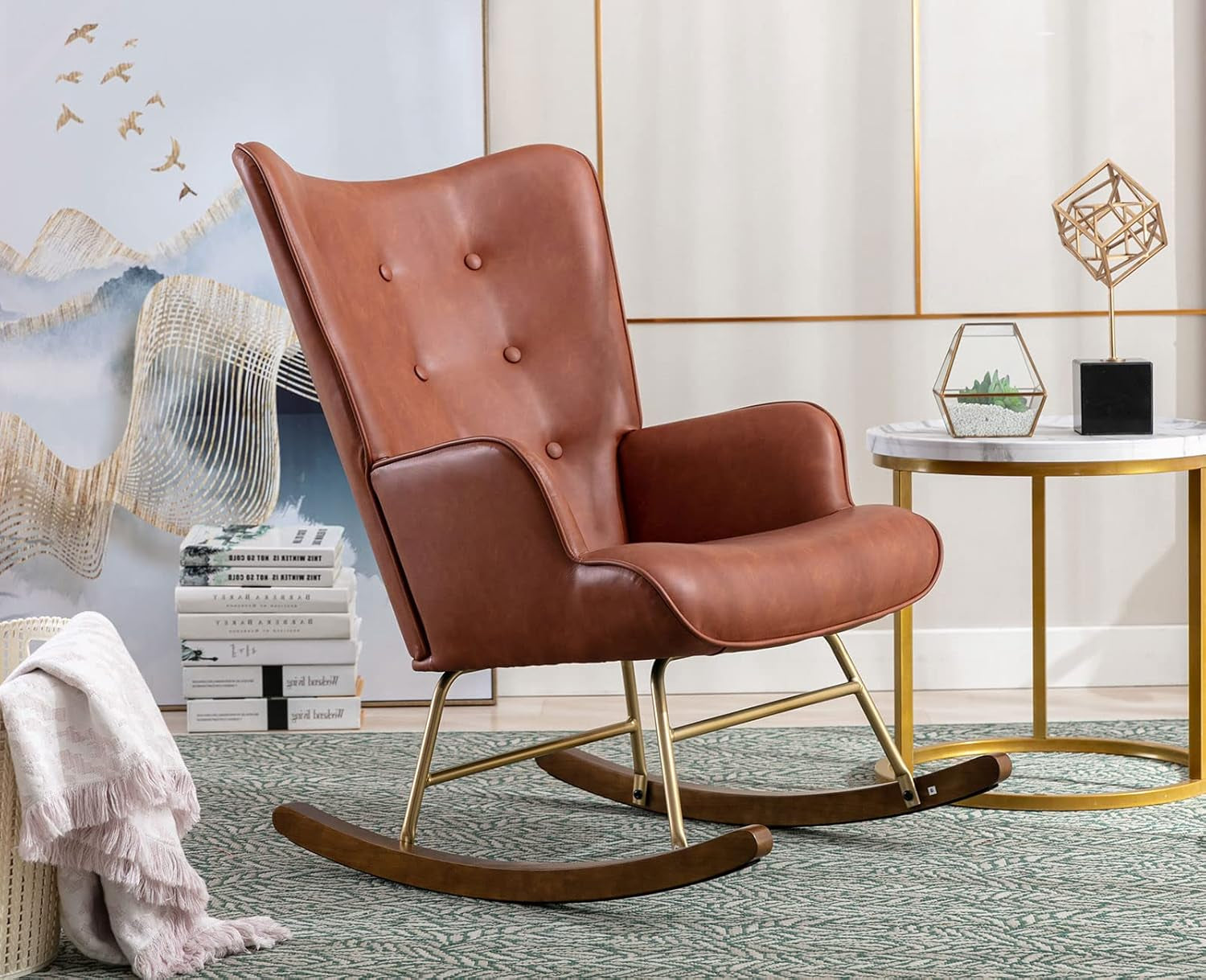 Pu Leather Nursery Rocking Armchair, Modern Reading Accent Chair for Living Room, Bedroom, Office, Small Spaces, Brown