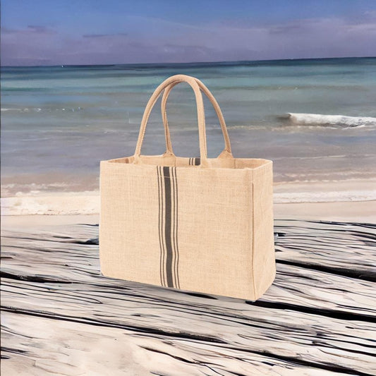 Jute Market Tote Bag with Handles, Triple Stripe