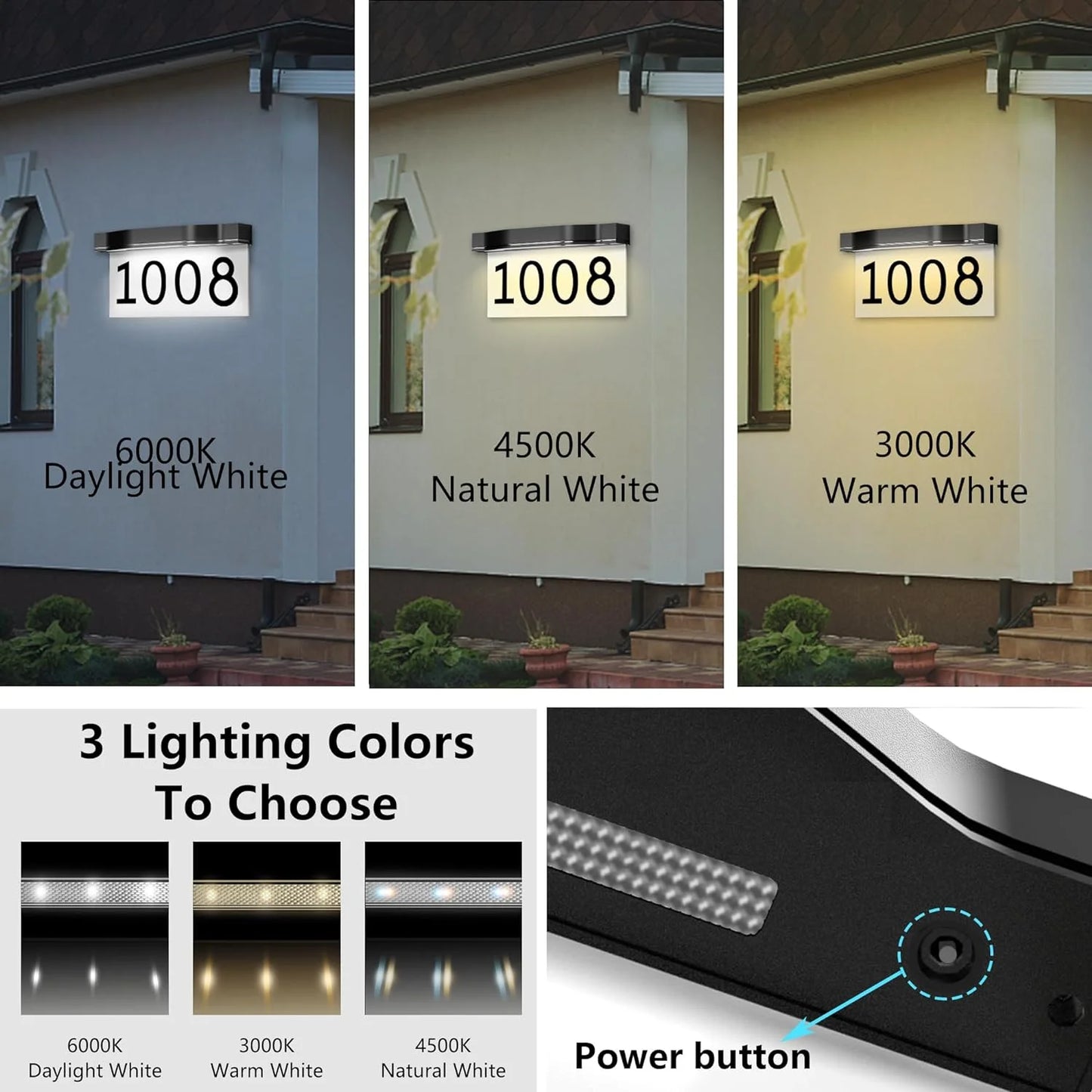 Solar House Numbers Address Plaques 3 Lighting Colors & Adjustable Solar Panel House Number for Outside, LED Solar Powered Address Sign Outdoor Waterproof