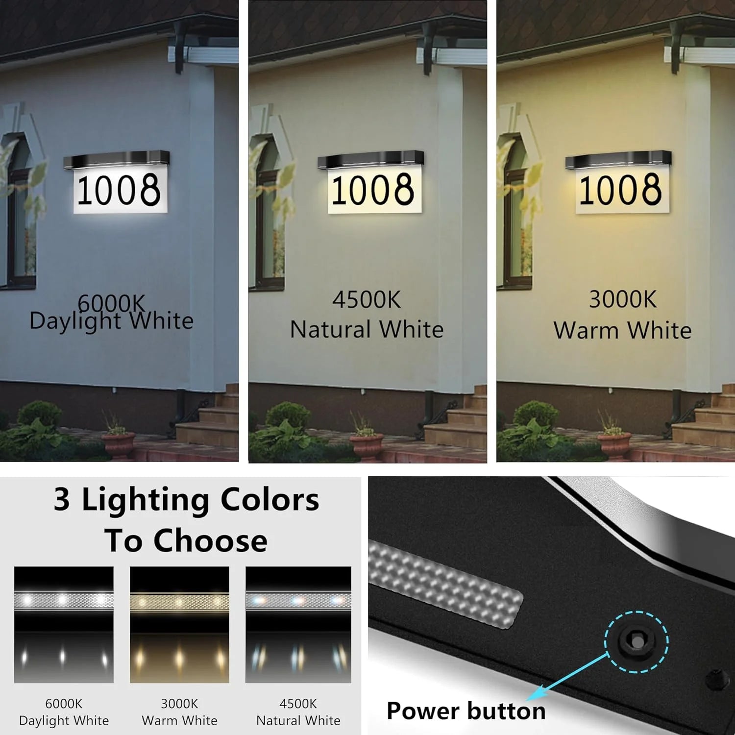 Solar House Numbers Address Plaques 3 Lighting Colors & Adjustable Solar Panel House Number for Outside, LED Solar Powered Address Sign Outdoor Waterproof