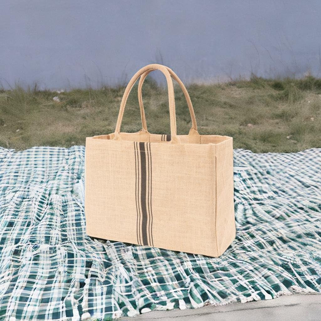 Jute Market Tote Bag with Handles, Triple Stripe