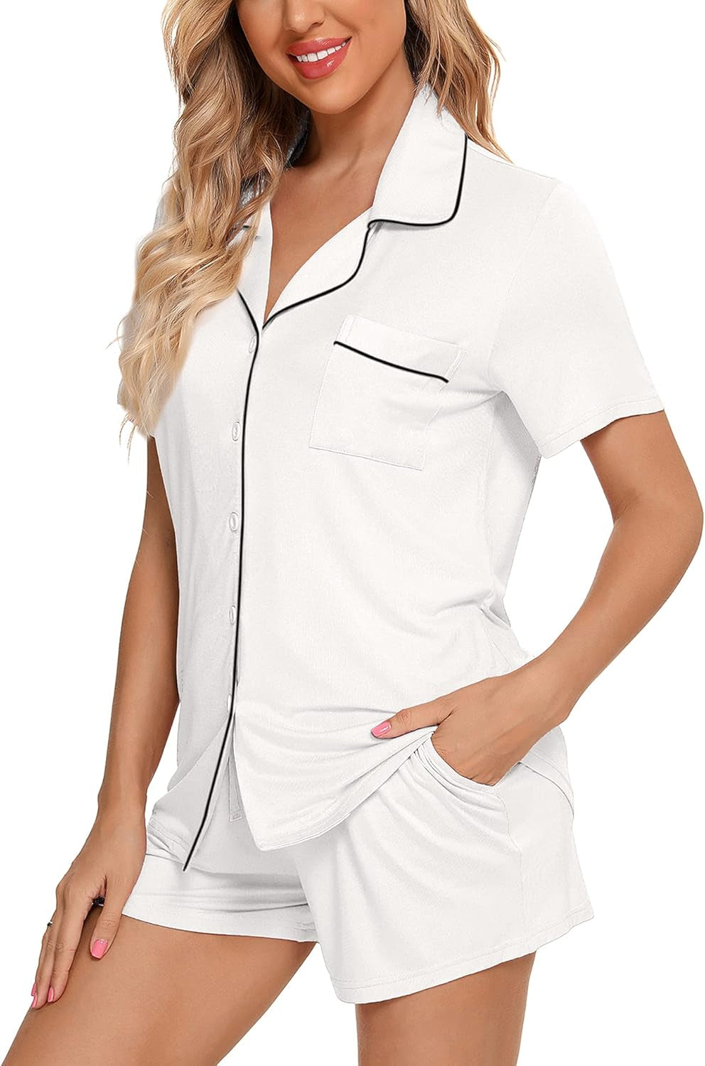 Womens Pajamas Set Short Sleeve Sleepwear Button down Nightwear Shorts Soft Pj Sets S-XXL