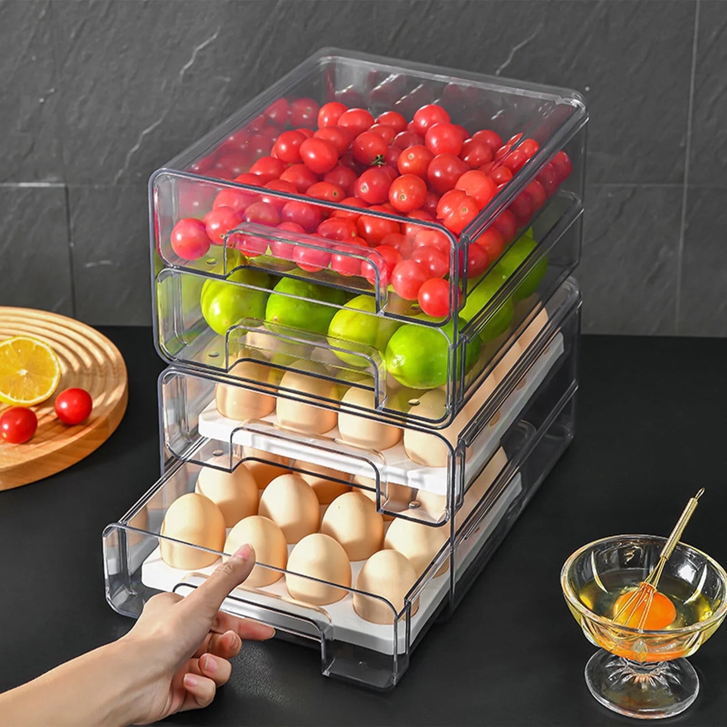 Refrigerator Organizer,Fridge Drawers with Lids Stackable Pull Out Fridge Storage Containers Double Layer Clear Plastic Refrigerator Organizer Bins with Drain Tray（Only 2-Drawers）