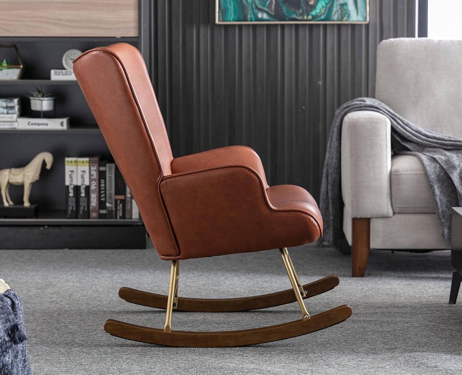 Pu Leather Nursery Rocking Armchair, Modern Reading Accent Chair for Living Room, Bedroom, Office, Small Spaces, Brown