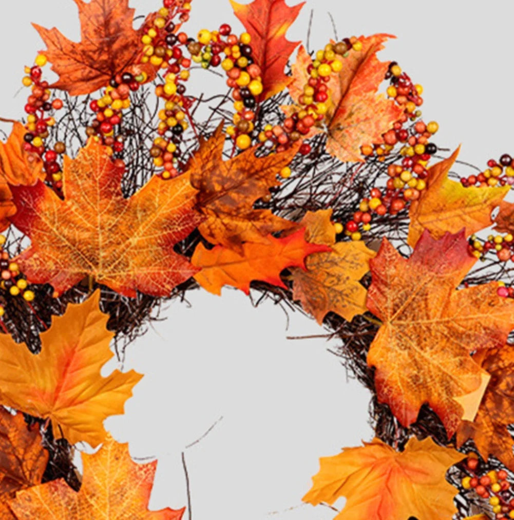 18 Inch Fall Wreath for Front Door, Fall Wreath with Wooden Maple Leaves, Gold and Red Foliage Fall Decorations for Home