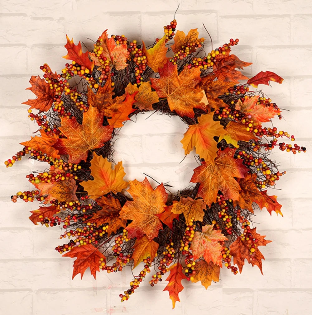 18 Inch Fall Wreath for Front Door, Fall Wreath with Wooden Maple Leaves, Gold and Red Foliage Fall Decorations for Home