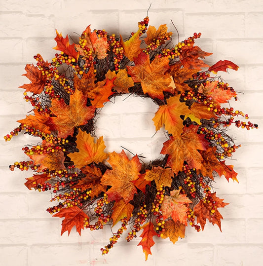 18 Inch Fall Wreath for Front Door, Fall Wreath with Wooden Maple Leaves, Gold and Red Foliage Fall Decorations for Home