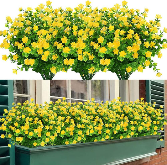 8 Bundles Outdoor Artificial Fake Flowers No Fade UV Resistant Faux Plastic Plants for Hanging Planter Patio Yard Wedding Indoor Home Kitchen Farmhouse Décor (Yellow)