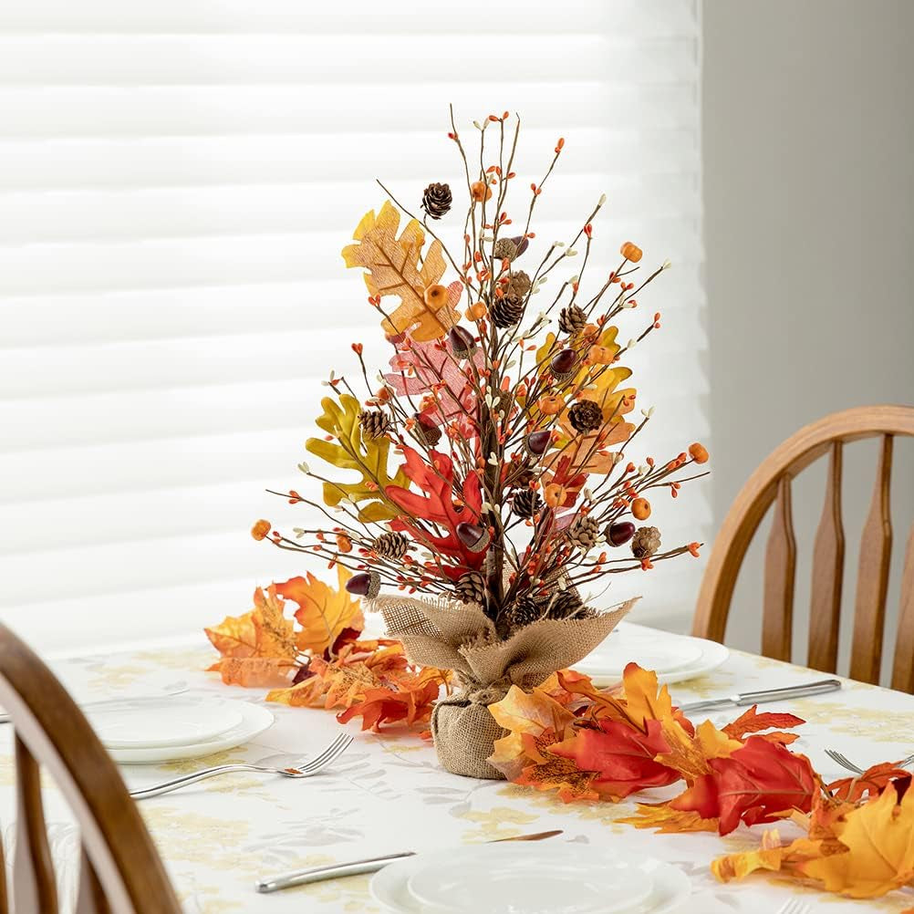 20" H Fall Harvest Pumpkins Table Tree with Burlap Base Decorative Berries Leaves Tree Table Centerpiece for Fall Harvest Thanksgiving Great Festival Home Decor
