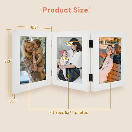 , 5X7 Three Picture Frame Trifold Hinged Photo Frame with 3 Openings, Desk Top Family Picture Collage, with Real Glass (5X7 Triple, White, 2-Pack)