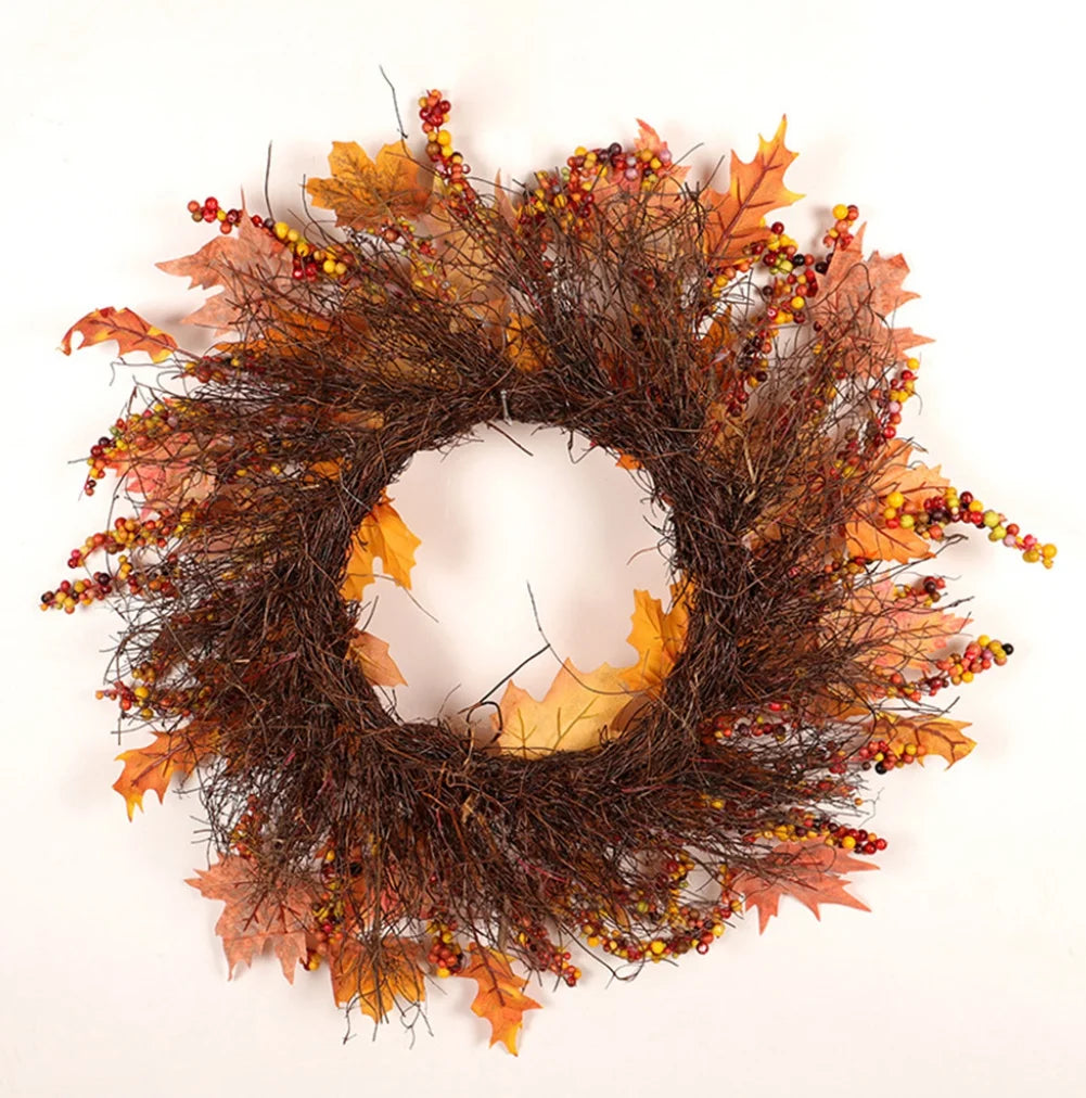 18 Inch Fall Wreath for Front Door, Fall Wreath with Wooden Maple Leaves, Gold and Red Foliage Fall Decorations for Home