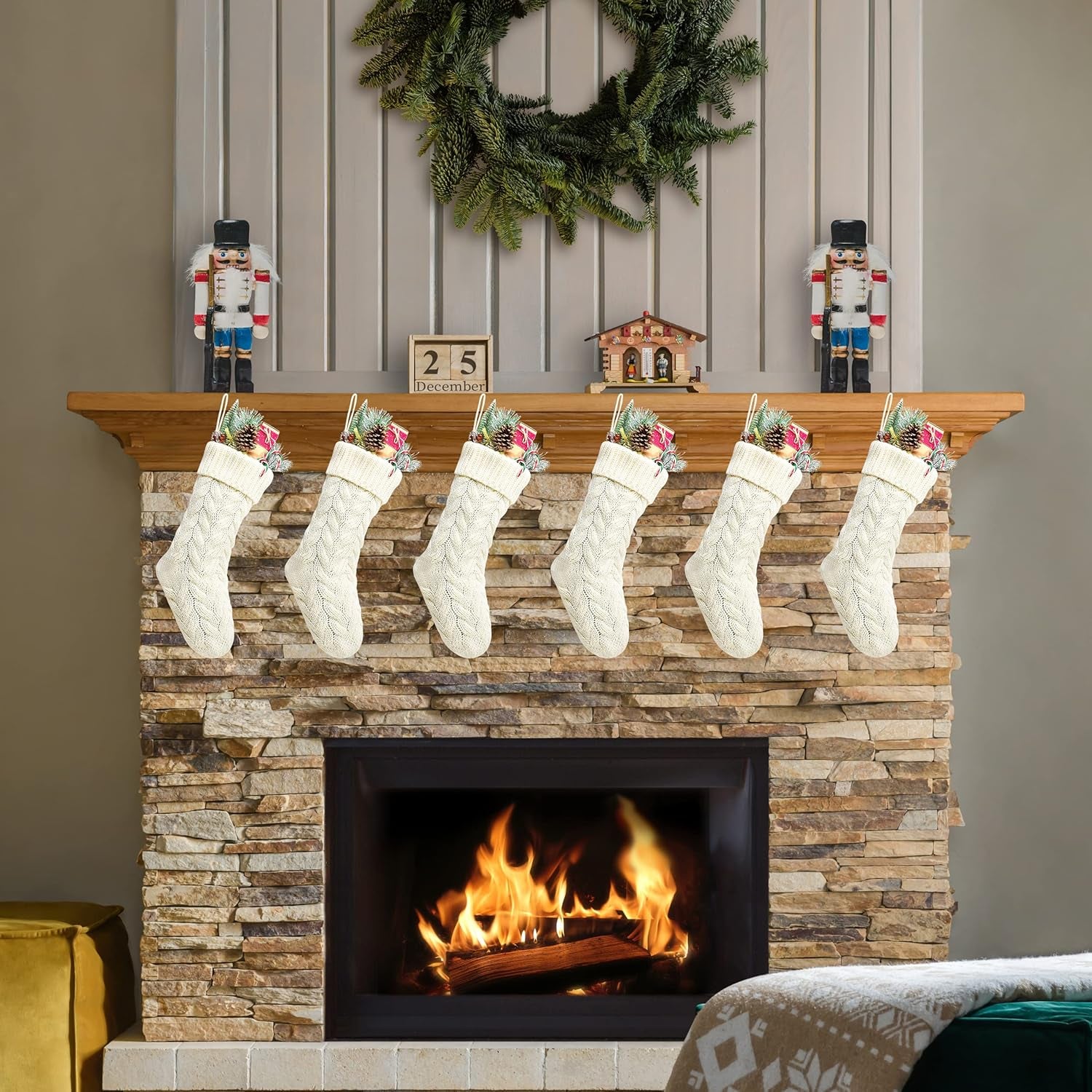 Pack 6,14" Unique Ivory White Knit Christmas Stockings Style3