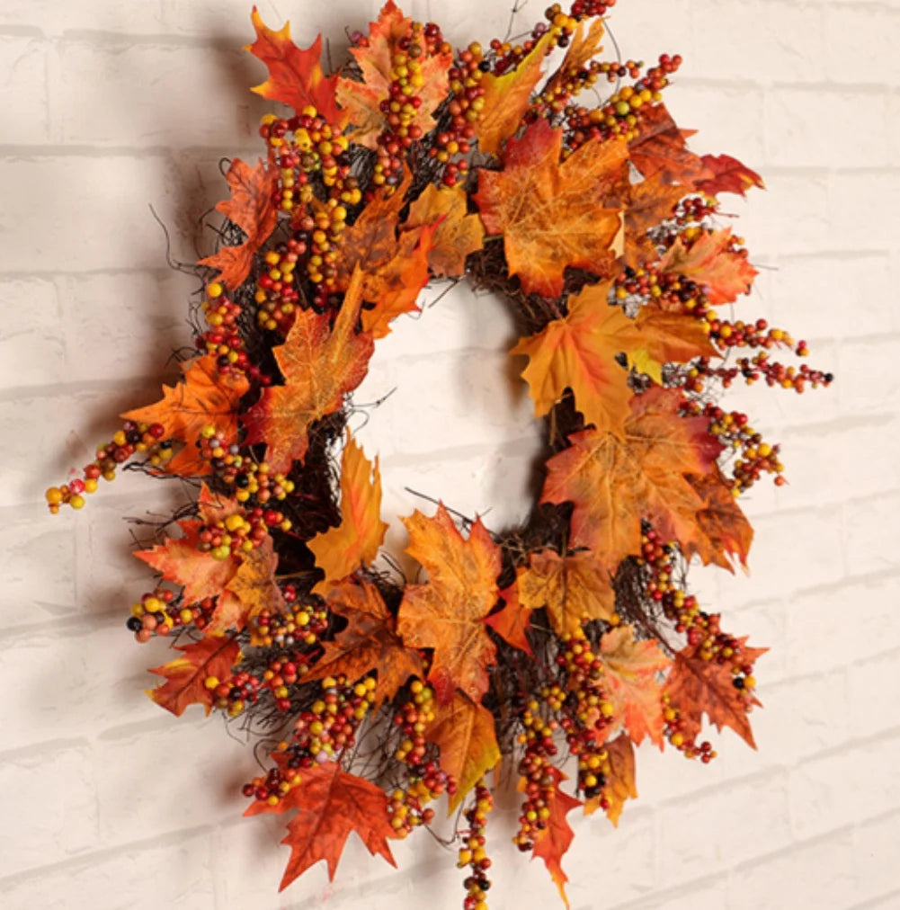 18 Inch Fall Wreath for Front Door, Fall Wreath with Wooden Maple Leaves, Gold and Red Foliage Fall Decorations for Home