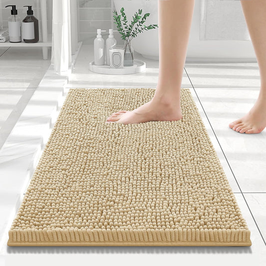 Luxury Chenille Bathroom Rugs 24X16, Extra Soft and Absorbent Shaggy Bath Mat, Machine Washable, Non-Slip Plush Carpet Runner for Tub, Shower, and Floor, Home Decor Accessories, Beige