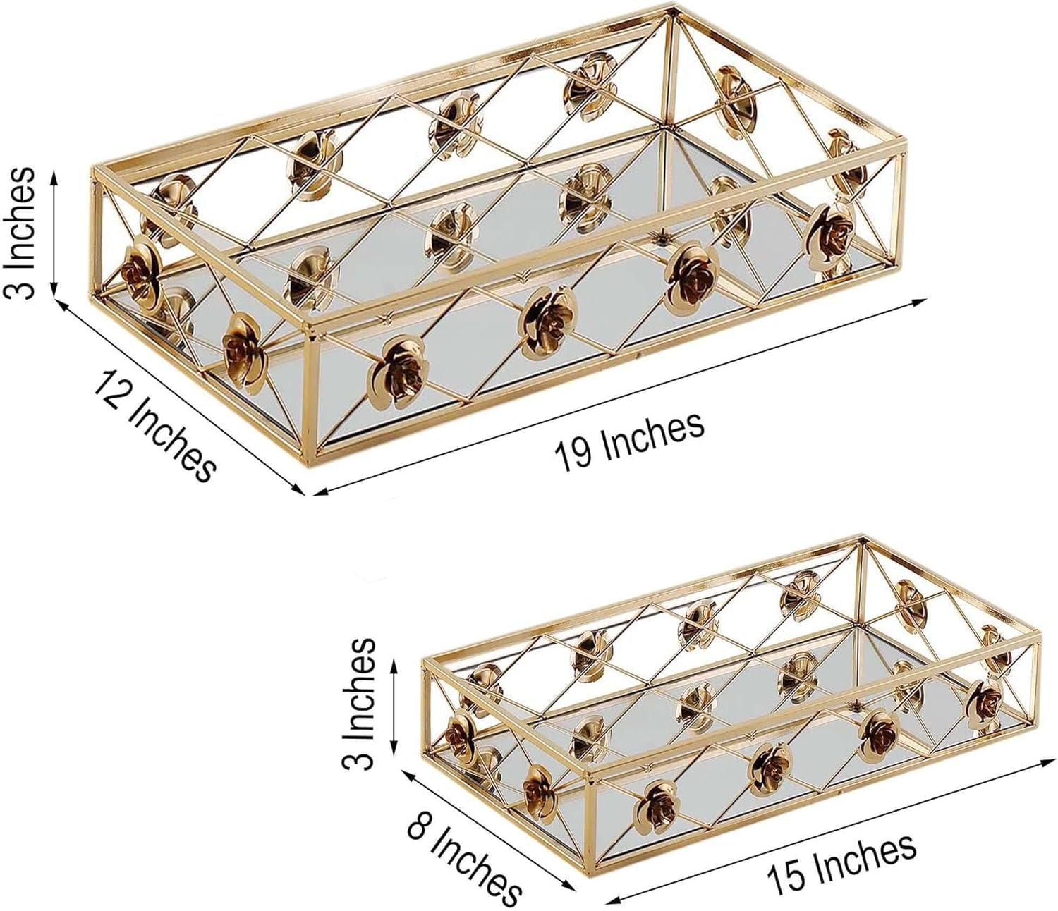 Set of 2 Gold Metal Decorative Serving Trays Floral Bordered Rectangle Mirror Trays - 19"X12" / 15"X8"