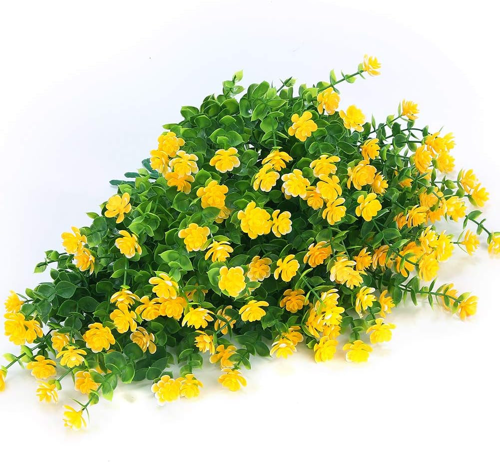 8 Bundles Outdoor Artificial Fake Flowers No Fade UV Resistant Faux Plastic Plants for Hanging Planter Patio Yard Wedding Indoor Home Kitchen Farmhouse Décor (Yellow)