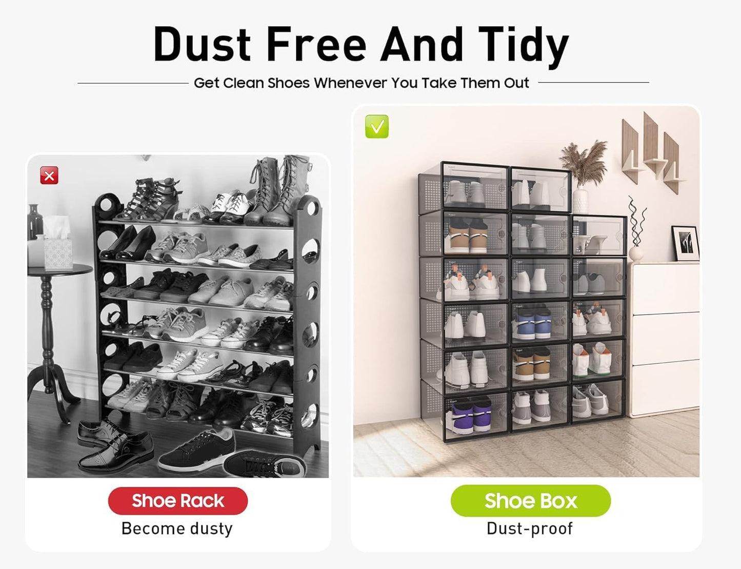 X-Large Shoe Storage Boxes Organizers Clear Plastic Stackable 12 Pack, Shoe Rack & Holder Substitute, Sneaker Containers, Toy Storage Organizer Bins for Entryway, Closet, under Bed, Black