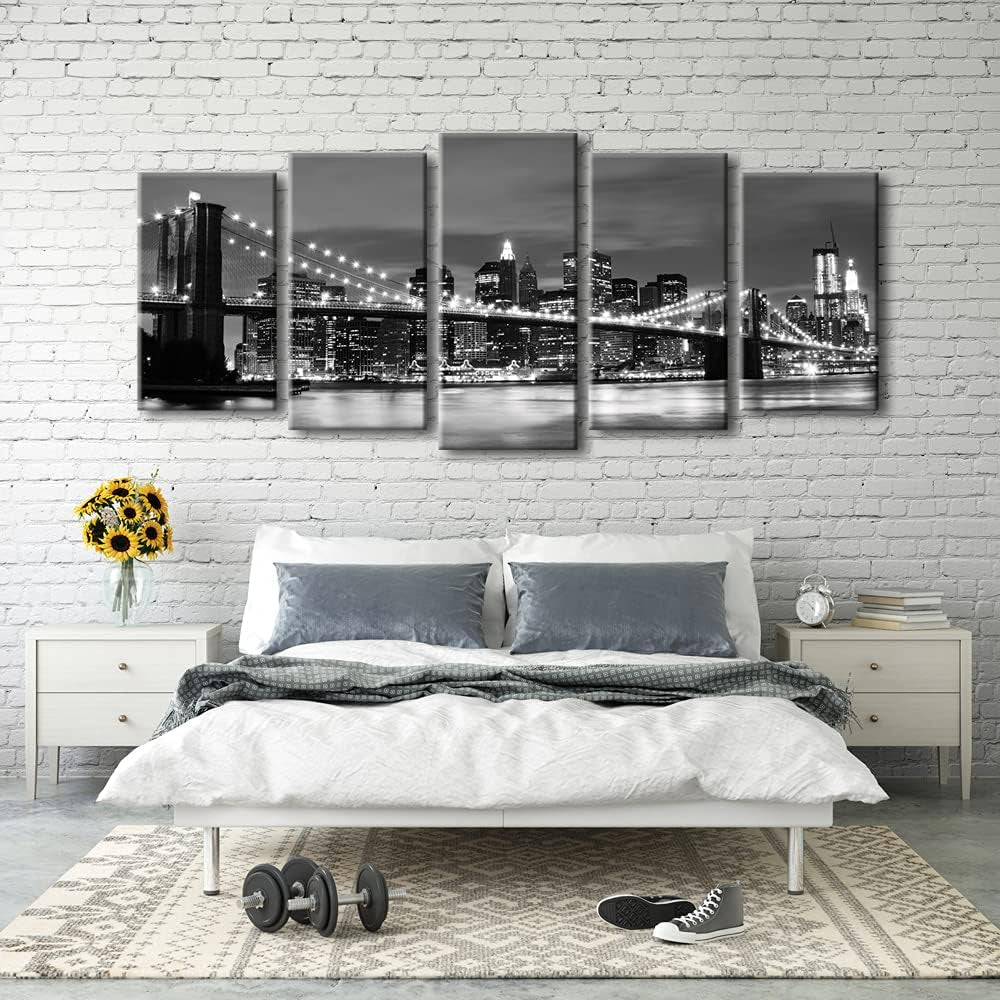 Large Brooklyn Bridge Night View Modern Giclee Canvas Prints Artwork Landscape Pictures to Photo Paintings on Stretched and Framed Canvas Wall Art for Home Decorations