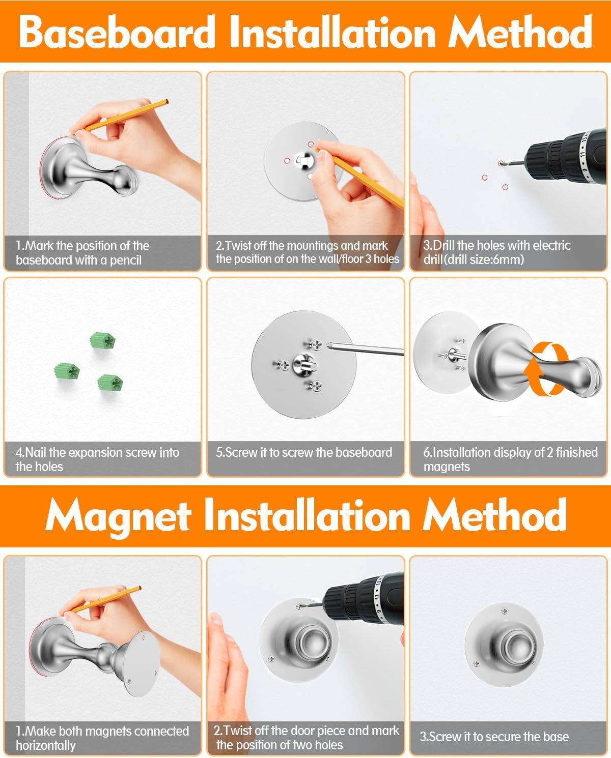 Door Stoppers, Magnetic Door Stop, Stainless Steel, 2 Pack Magnetic Door Catch, Double-Sided Adhesive Tape, No Drilling, Screws for Stronger Mount, Hold Your Door Open, for Wide Doors