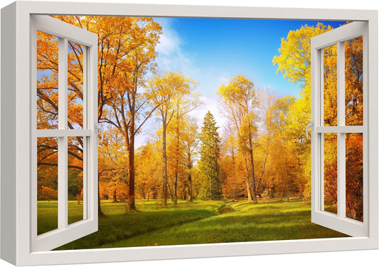 Canvas Print Wall Art Window View Rustic Autumn Fall Tree Forest Field Wilderness Nature Photography Realism Scenic Landscape Colorful Multicolor for Living Room, Bedroom, Office - 16"X24"