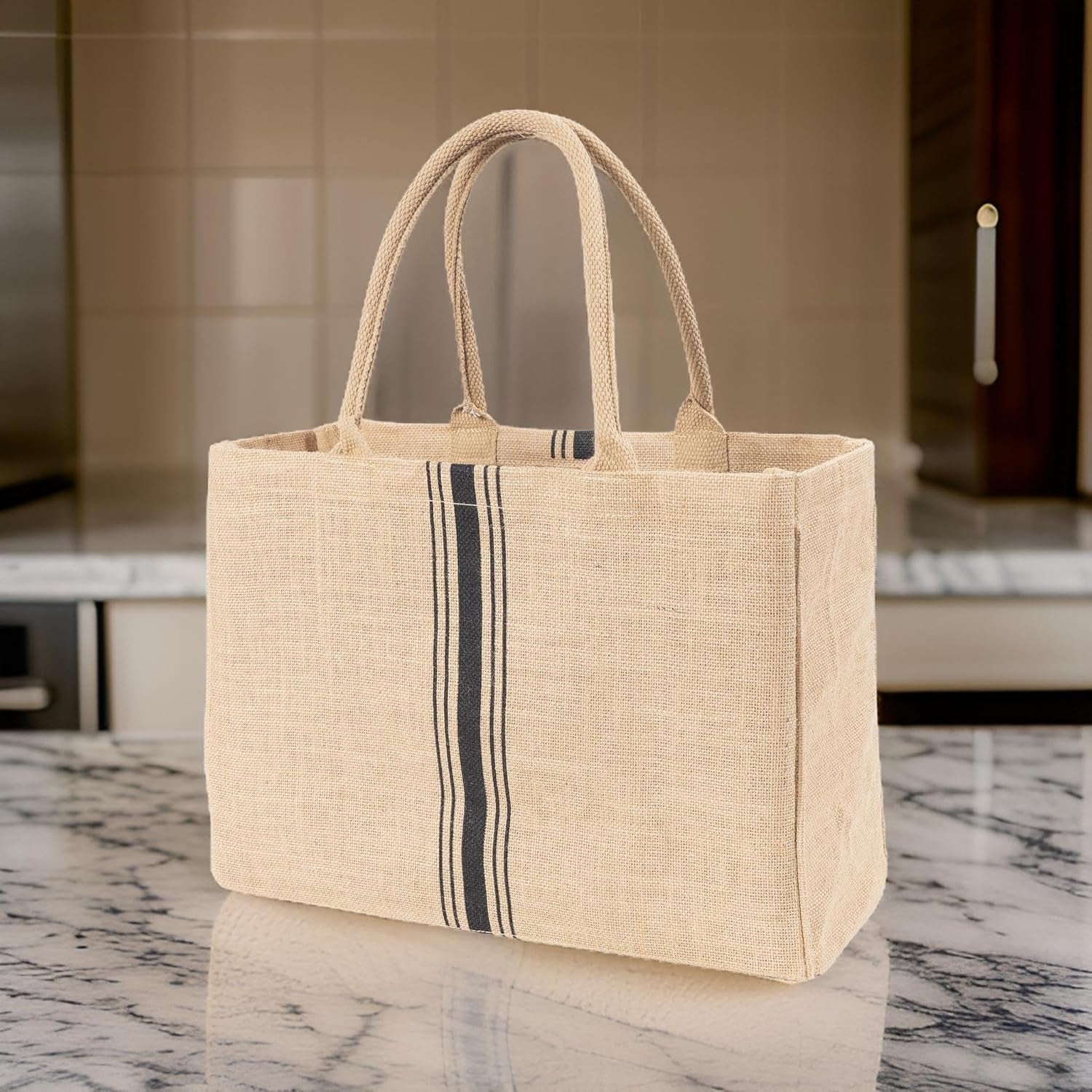 Jute Market Tote Bag with Handles, Triple Stripe