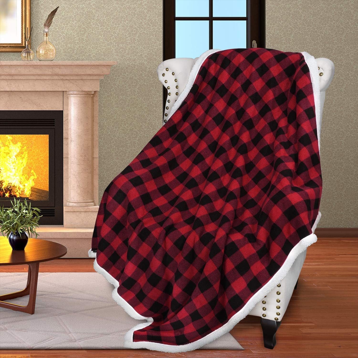 Red Black Checkered Holiday Blanket, Buffalo Plaid Sherpa Throw for Couch Sofa Cabin Decor | Soft, Warm, Comfy, Fuzzy, Snuggy | 60X50 Inches, Christmas Blanket