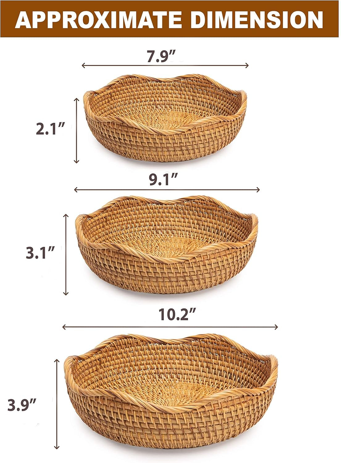 Fruit Container for Counter Rattan Basket for Storage Stackable Set 3 Empty Gift Baskets to Fill Potato Storage for Pantry Onion Wicker Fruit Baskets Bread Vegetable Bowl (Combo Set 3, Honey Brown)