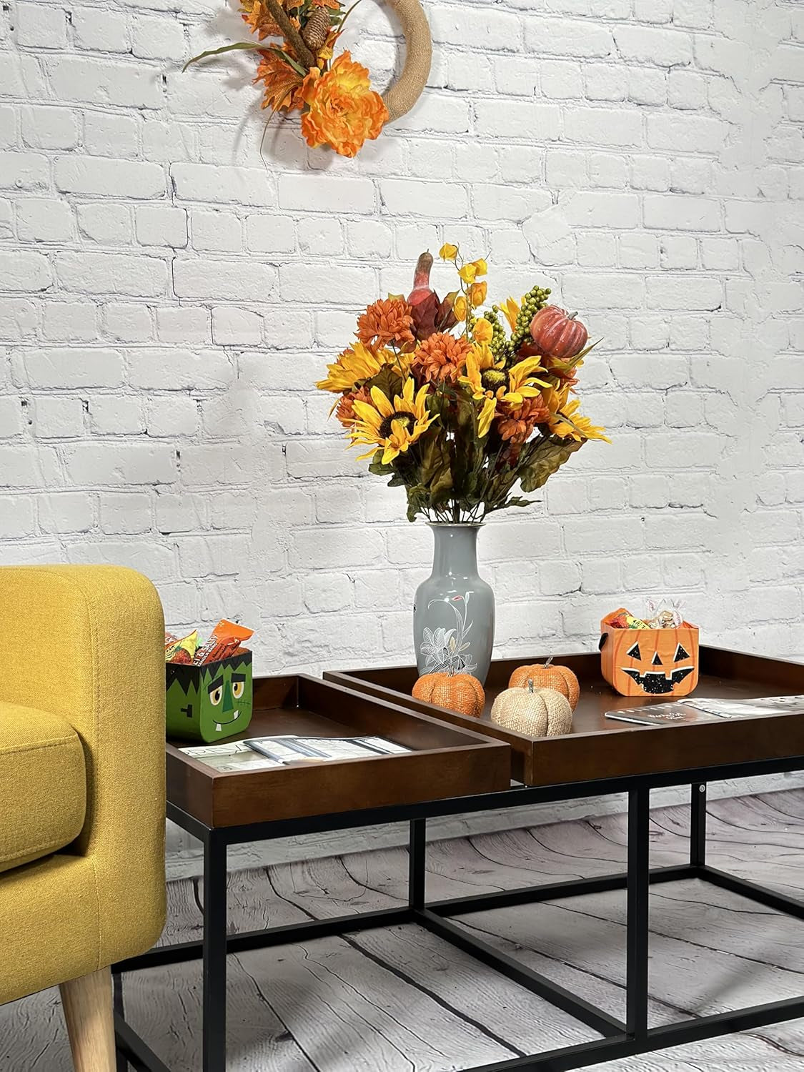 Artificial Fall Flower Arrangement - Gold Mix of Mums, Sunflowers, Zinnia - for Home Decor, Weddings, Parties, Events, Funerals, Offices Thanksgiving Gold Flower Arrangement