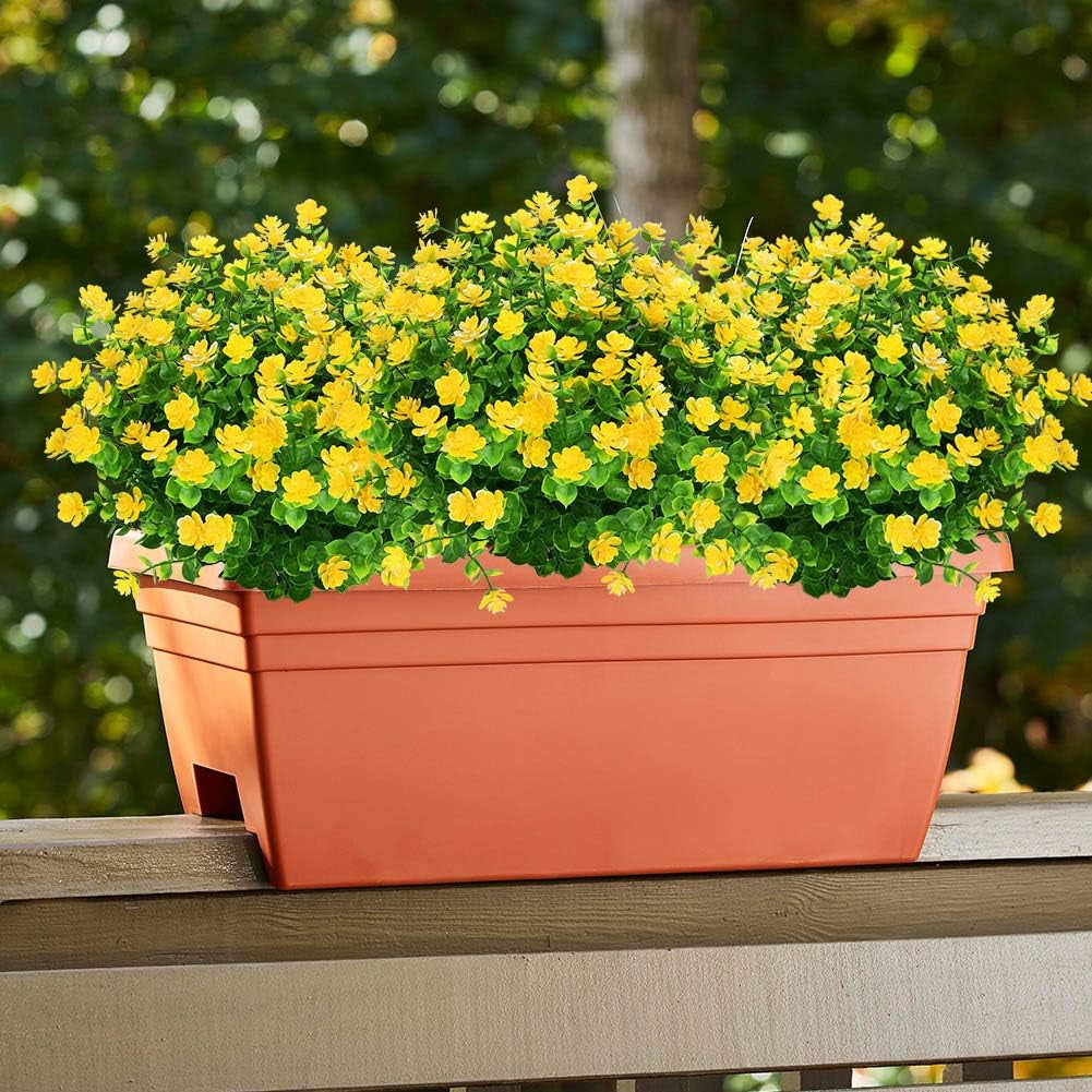 8 Bundles Outdoor Artificial Fake Flowers No Fade UV Resistant Faux Plastic Plants for Hanging Planter Patio Yard Wedding Indoor Home Kitchen Farmhouse Décor (Yellow)