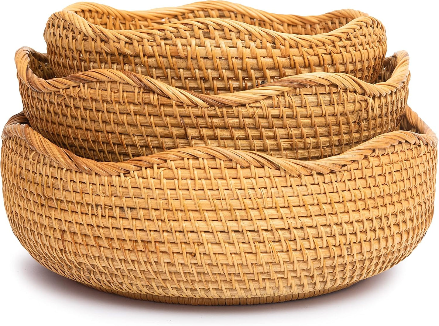 Fruit Container for Counter Rattan Basket for Storage Stackable Set 3 Empty Gift Baskets to Fill Potato Storage for Pantry Onion Wicker Fruit Baskets Bread Vegetable Bowl (Combo Set 3, Honey Brown)