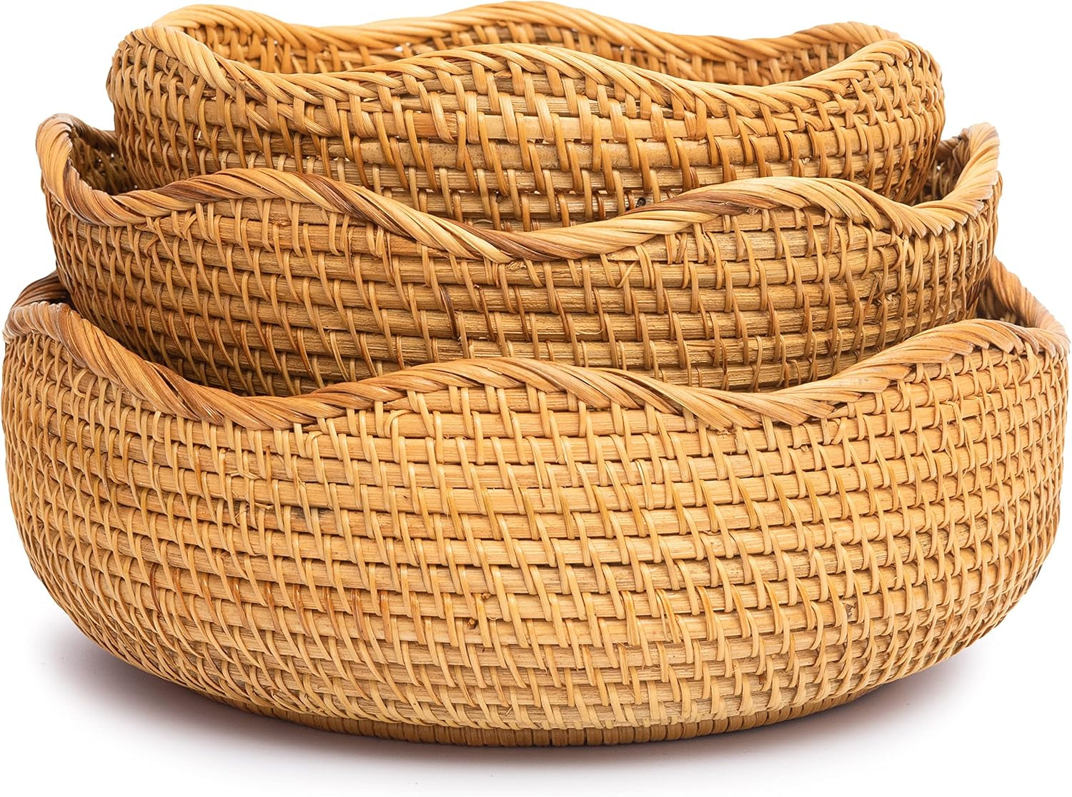 Fruit Container for Counter Rattan Basket for Storage Stackable Set 3 Empty Gift Baskets to Fill Potato Storage for Pantry Onion Wicker Fruit Baskets Bread Vegetable Bowl (Combo Set 3, Honey Brown)