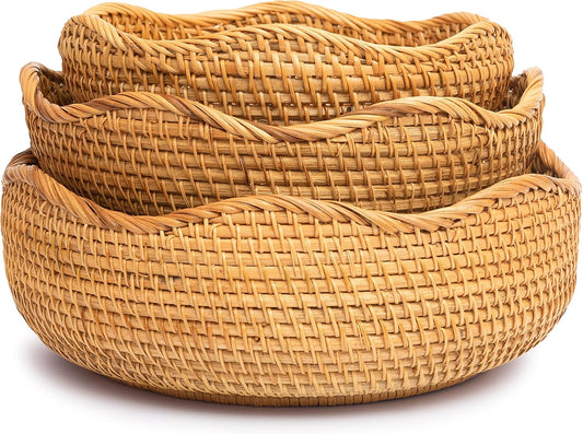 Fruit Container for Counter Rattan Basket for Storage Stackable Set 3 Empty Gift Baskets to Fill Potato Storage for Pantry Onion Wicker Fruit Baskets Bread Vegetable Bowl (Combo Set 3, Honey Brown)