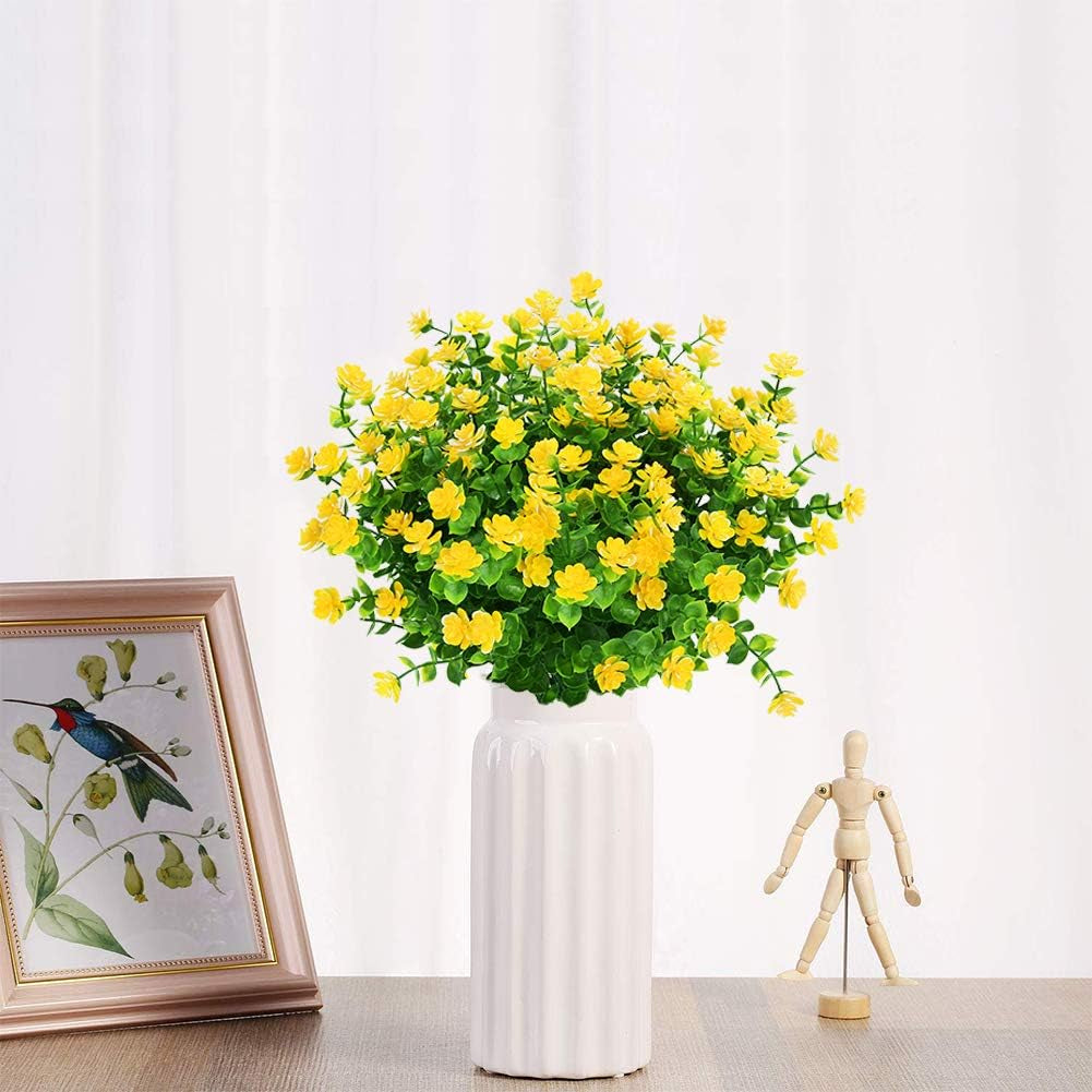8 Bundles Outdoor Artificial Fake Flowers No Fade UV Resistant Faux Plastic Plants for Hanging Planter Patio Yard Wedding Indoor Home Kitchen Farmhouse Décor (Yellow)