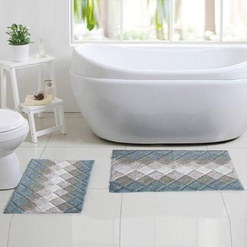 Bathroom Rugs Set 2 Piece Grey Beige Albany Inspired Non-Slip Cotton Bath Mats for Bathroom Floor |Quick Dry Bathroom Mat for Tub Spa Shower|Living Room Entry Way Door Mats |21X32 & 17X34 Inches