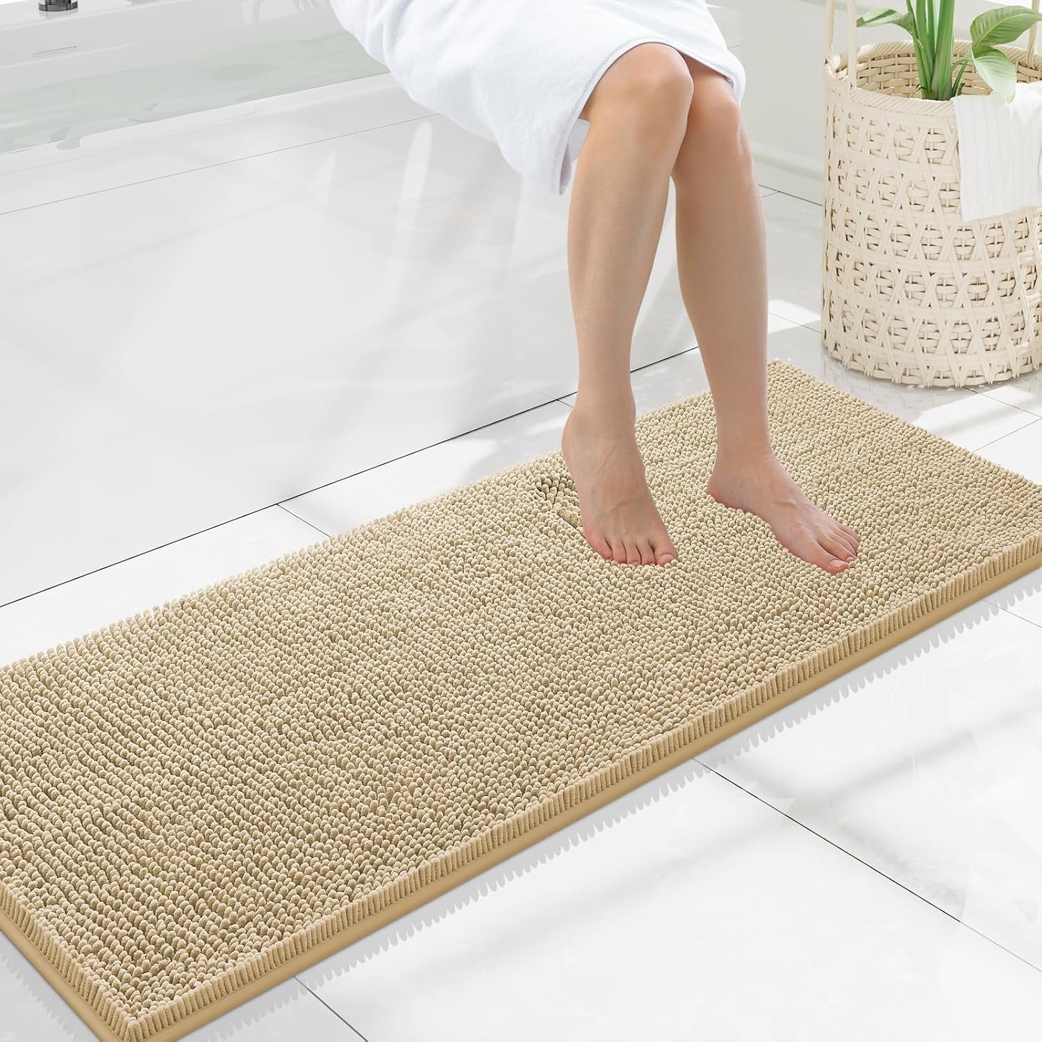 Luxury Chenille Bathroom Rugs 47X17, Extra Soft and Absorbent Shaggy Bath Mat, Machine Washable, Non-Slip Plush Carpet Runner for Tub, Shower, and Floor, Home Decor Accessories, Beige
